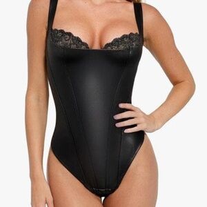 Popilush Faux Leather and Lace Balconette Sculpting Bodysuit-Size M-Black-BNWT